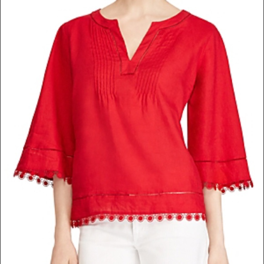 NWT Lauren Ralph Lauren Embroidered Linen red top